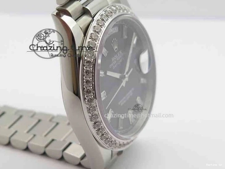 0109 Day Date 40mm SS BP Maker Best Edition Diamond Bezel Black Dial On SS Bracelet ETA Unique 3693
